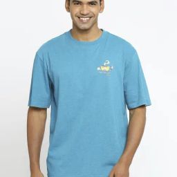 Basics Blue Cotton Relaxed Fit T-Shirt-image-1