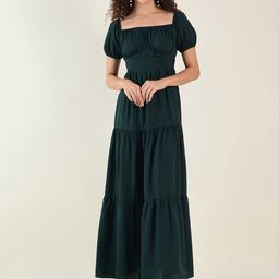 aayu Solid Green Puff Sleeve Square Neck Tiered Maxi Dress-picture-44