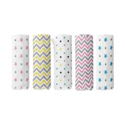 Haus & Kinder Printed White 40 TC Cotton New Born Swaddle Wrap - Set of 5-picture-28