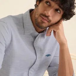 Andamen Blue Linen Slim Fit Self Pattern Shirt image 5