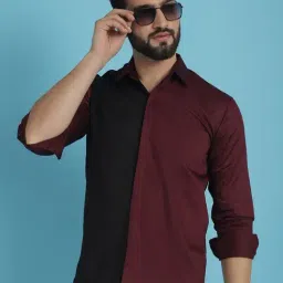 Indian Needle Wine Cotton Regular Fit Colour Block Shirt-image-8