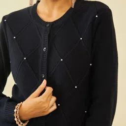 Soch Navy Blue Acrylic Pearl Embellished Diamond Pattern Knitted Cardigan image 5