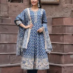 Rain and Rainbow Blue Pure Cotton Printed Kurta And Pants With Dupatta-picture-36