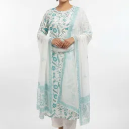 Ruaati Women Floral Printed Regular Thread Work Pure Cotton Kurta with Trousers & With Dupatta-picture-34
