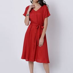 Tokyo Talkies Women Red Solid Midi A-Line Dress-picture-41