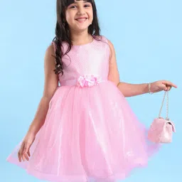 Babyhug Woven Sleeveless Sequinned Party Frock with Floral Corsage - Pink-picture-16