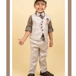 LITTLE COLLARS Cotton Full Sleeves Solid Shirt Pant Bow & Checked Waistcoat - Fawn-picture-22