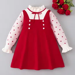 Mark & Mia Full Sleeves Woollen Dress With Polka Dot Design - Red & White-picture-15