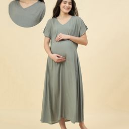 The Kaftan Company Modal Woven Half Sleeves Solid Maternity Nighty - Grey-picture-9