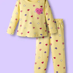 Babyhug Cotton Knit Full Sleeves Co-ords Night Suit With Heart Print - Yellow-picture-13