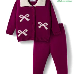 Babyoye Cotton Woven Full Sleeves Sweater Set With Bow Design - Brown-picture-13