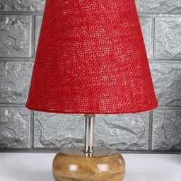 Devansh Jute Round Small Natural Wood Table Lamp - Maroon image 2