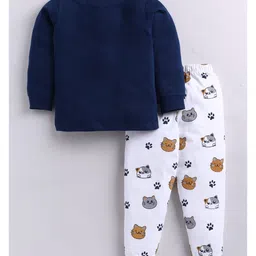 BLUSHES 100% Cotton Knit Full Sleeve Cats & Paws Printed Night Suit Set - Airforce Navy & White image 3