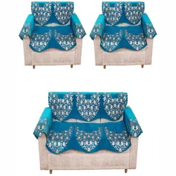 Fashion Throw Turquoise Blue & White Printed Jacquard Sofa Cover With Arms-image-12
