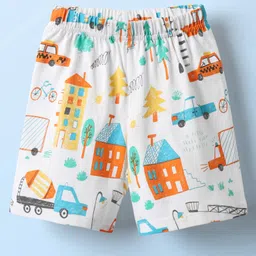 Babyhug Cotton Knit Half Sleeves Co-ords Shorts Night Suit With Vehicle Print - White image 4