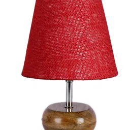 Devansh Jute Round Small Natural Wood Table Lamp - Maroon image 5