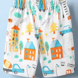 Babyhug Cotton Knit Half Sleeves Co-ords Shorts Night Suit With Vehicle Print - White image 5