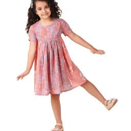 Fabindia Kids Lavender & Coral Printed Dress image 5