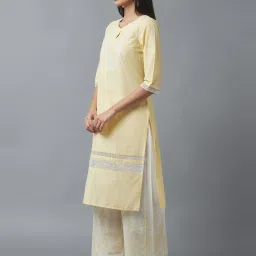W Yellow Cotton Embroidered Straight Kurta image 3