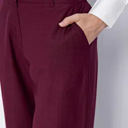 Cover Story Wine Linen Regular Fit High Rise Trousers image 5