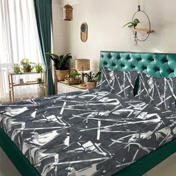 KLOTTHE Grey Geometric Woolen 300 TC Double Fine Bedsheet With Pillow Covers - 98 x 88 In-image-1