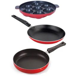 Nirlon Red Aluminium Non-Stick Tapper Pan Appampatram and Fry Apn Set of 3-picture-17