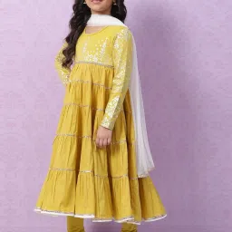 biba girls Biba Kids Lime Yellow & White Cotton Printed Full Sleeves Kurta Set image 4