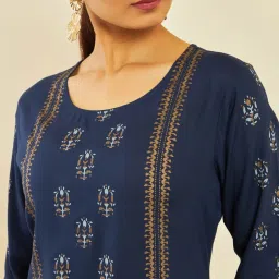 Soch Navy Blue Rayon Foil Print Round-Neck Straight Kurta image 5