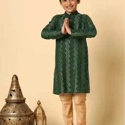 KISAH Kids Green & Golden Embroidered Full Sleeves Kurta Set image 5