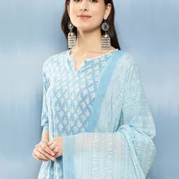 Yufta Women Blue Ethnic Motifs Printed Regular Thread Work Pure Cotton Kurta with Trousers & With Dupatta image 5