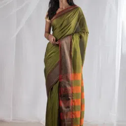Unnati Silks Green Cotton Woven Saree With Unstitched Blouse-picture-27