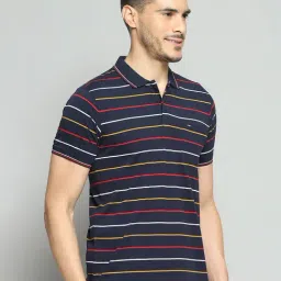 Cloak & Decker by Monte Carlo Navy Blue Cotton Blend Regular Fit Stripes Polo T-Shirt image 3
