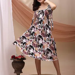 YANAMORA Women Abstract Printed Square Neck Fit & Flare Dress-image-51
