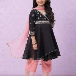 biba girls Biba Kids Black & Peach Embroidered Kurta Set image 3