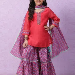 biba girls Biba Kids Red & Purple Embroidered Kurta Set image 1