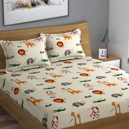 THE little BIG STORE Beige & Yellow Geometric 260 TC King Bedsheet with 2 Pillow Covers-picture-4