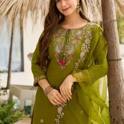 URMIR FASHION Women Ethnic Motifs Embroidered Regular Thread Work Kurta with Trousers & With Dupatta-picture-2