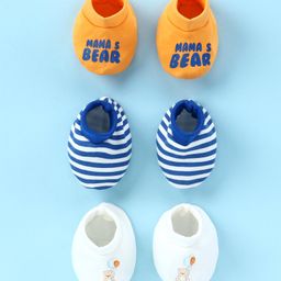 Doodle Poodle Interlock Cotton Knit Striped Teddy Bear & Text Print Booties Pack of 3 - Orange Blue & White-picture-9