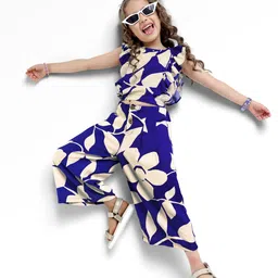 Ollington St. Woven Leaf Printed Co-Ord Set Of Frill Sleeves Top & Culotte Pant - Navy Blue & White-image-46