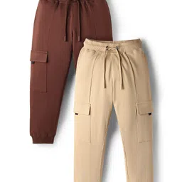 Primo Gino 100% Cotton Knit Full Length Solid Color Cargo Joggers - Beige & Maroon-picture-11
