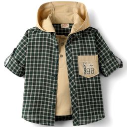 Rikidoos Full Sleeves Checked Shirt With Attached Solid Hooded Tee - Green & Beige-picture-21