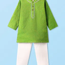 Babyhug Cotton Woven Cambric Dobby Embroidered Full Sleeves Kurta Pyjama Set - Green image 2
