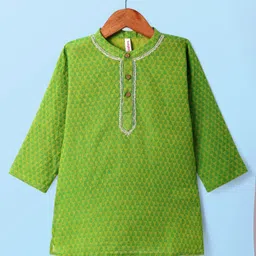 Babyhug Cotton Woven Cambric Dobby Embroidered Full Sleeves Kurta Pyjama Set - Green image 3