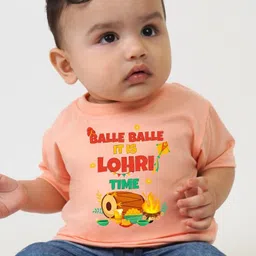 KNITROOT Cotton Lycra Lohri Theme Half Sleeves Balle Balle It Is Lohri Time Text Printed Tee - Peach image 4