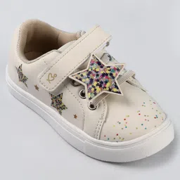 Babyoye Casual Shoes with Velcro Closure Lace Detailing Star Print & Applique - Beige image 3