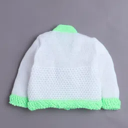 BUMZEE Knit Full Sleeves Cable Knit Design Solid Color Front Open Sweater with Cap & Booties - White & Neon Green image 3