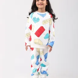 Anthrilo Fleece Knit Full Sleeves Building Blocks Printed Coordinating Winter Sweatshirt & Jogger Set - Off White image 5