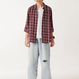 Nautica Boys Premium Fit Windowpane Checked Button-Down Collar Pure Cotton Casual Shirt-image-99