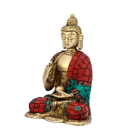 CraftVatika Gold-Toned & Red Blessing Lord Buddha Brass Statue Showpiece image 2
