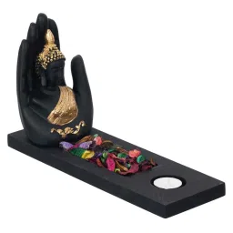 eCraftIndia Black & Golden Polyresin Palm Buddha Showpiece with Fragnanced Petals and Tealight image 5